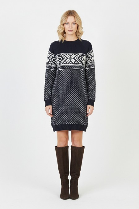  Kadın Lacivert Kar Tanesi Desenli Bisiklet Yaka Raglan Kol Jakarlı Triko Mini Kazak Tunik 