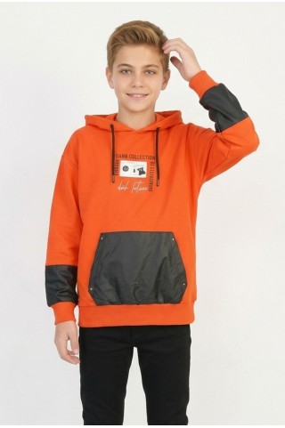 Erkek Çocuk İki İplik Kapüşonlu Baskılı Deri Detay Cepli Günlük  Sweatshirt