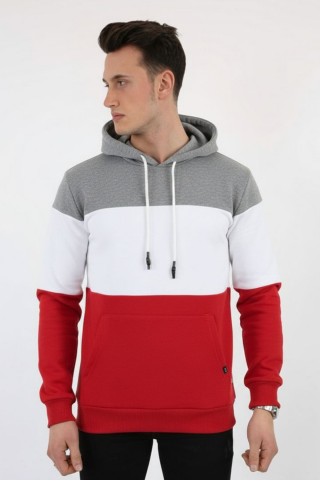 Üç Şardonlu Kapşonlu Parçalı Kanguru Cepli Erkek Günlük Sweatshirt