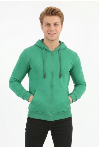 Üç İplik Düz Kapşonlu Fermuarlı Kanguru Cepli Erkek Günlük Sweatshirt