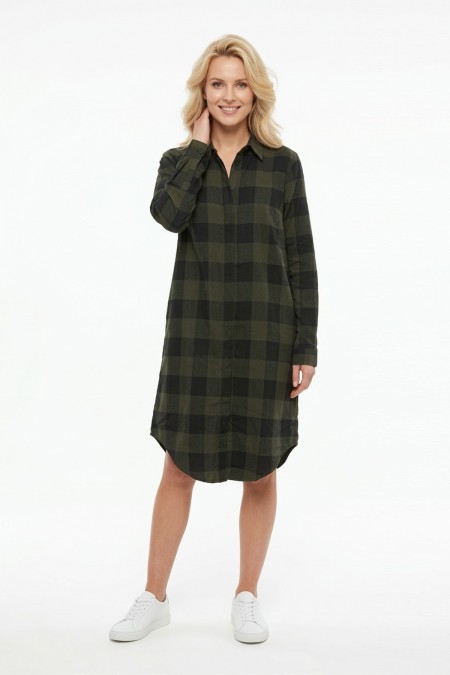 Kadın Haki Siyah Ekose Desenli Düğmeli Uzun Kollu Pamuklu Gömlek Tunik Elbise