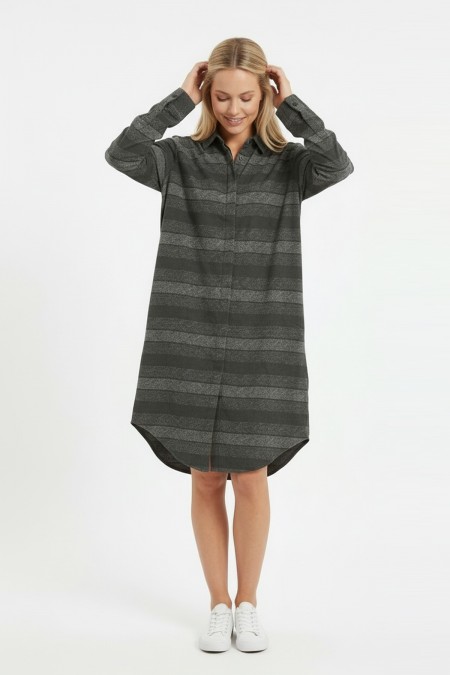 Kadın Haki Yatay Çizgili Boydan Düğmeli Uzun Kollu Gömlek Tunik Elbise
