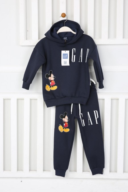 Üç İplik Şardonlu Kapşonlu Baskılı Lacivert Takım 