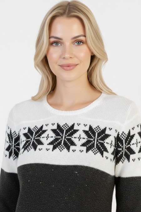 Kadın Füme Kar Tanesi Desenli Bisiklet Yaka Uzun Kollu Jakarlı Mini Triko Kazak Elbise