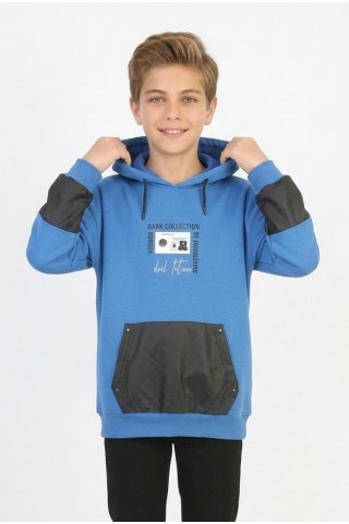 Erkek Çocuk İki İplik Kapüşonlu Baskılı Deri Detay Cepli Günlük  Sweatshirt