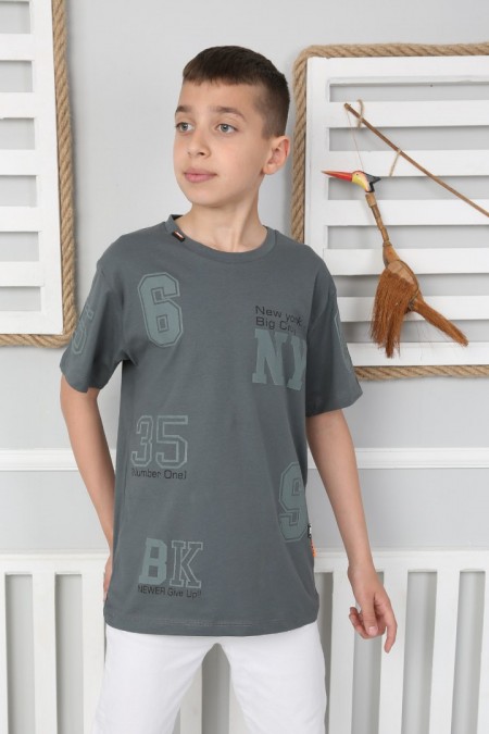  Sıfır Yaka Baskılı %100 Cotton Kumaş Antrasit Tişört
