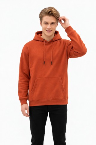 Üç İplik Şardonlu Kapşonlu Düz Erkek Günlük Sweatshirt