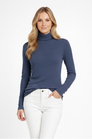 Kadın İndigo Balıkçı Yaka Uzun Kollu Fitilli Slim Fit Şık Günlük Triko Body