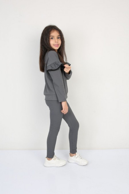 Şardonlu Fitilli Fırfır Detaylı Antrasit Taytlı Takım