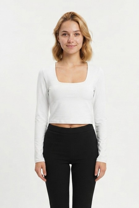 Kadın Kare Yaka Esnek Likralı Uzun Kollu Crop Bluz