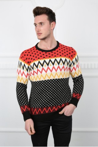 Desenli Kalın Siyah Kazak