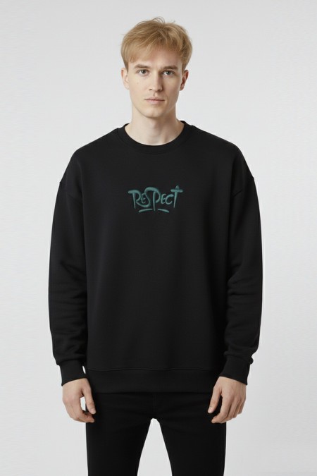 Erkek Siyah Oversize Bisiklet Yaka Kabartma Baskılı Pamuklu Sweatshirt