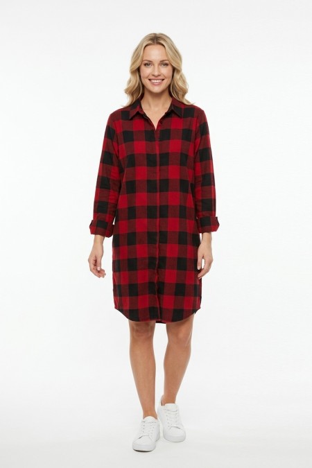 Kadın Kırmızı Siyah Ekose Desenli Düğmeli Uzun Kollu Pamuklu Gömlek Tunik Elbise