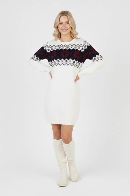 Kadın Beyaz Bel Desenli Bisiklet Yaka Standart Kol Jakarlı Örgü Triko Kazak Elbise