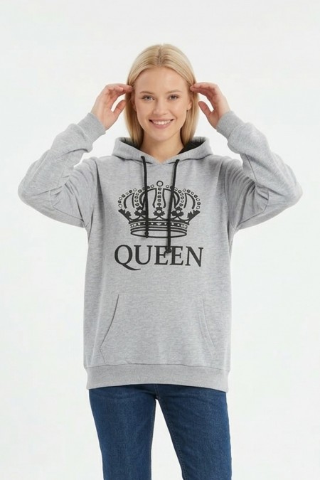 Kadın Gri Queen Yazılı Taç Baskılı Kapüşonlu Kanguru Cepli Sweatshirt