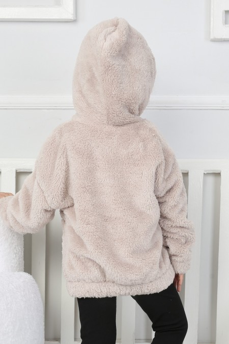 Kapşonlu Cepli Fermuarlı Peluş Hırka