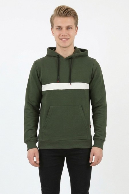 Erkek Üç İplik Kapşonlu Kalın Çizgili Kanguru Cepli Günlük Sweatshirt