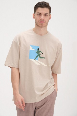 30/1 Penye Baskılı Oversize Vizon Tişört 