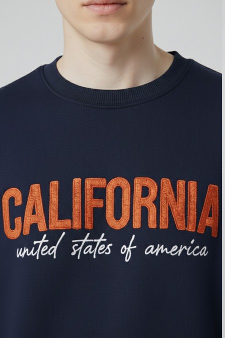 Erkek Lacivert Oversize Bisiklet Yaka California Nakış Baskılı Pamuklu Sweatshirt