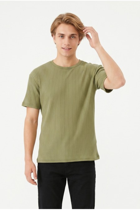 Erkek Fitilli Kumaş Bisiklet Yaka Slim Fit Esnek Kısa Kollu Yazlık Tişört