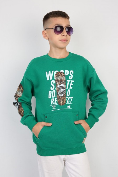 Üç İplik Şardonlu Baskılı Yeşil Sweat