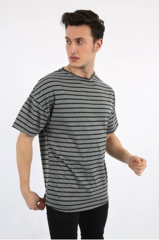 Çizgili Sıfır Yaka Oversıze Antrasit Tişört