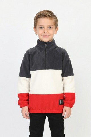 Erkek Çocuk Full Polar Kumaş Yarım Fermuarlı Garnili Günlük Sweatshirt