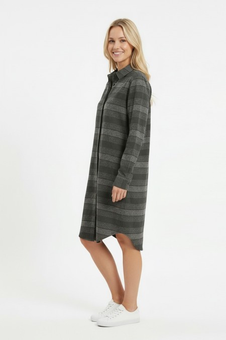 Kadın Haki Yatay Çizgili Boydan Düğmeli Uzun Kollu Gömlek Tunik Elbise