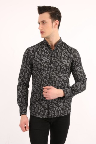 Yaprak Desenli Likralı Siyah Gömlek