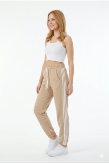 Bayan İki İplik Üç Çizgili Rahat Kesim Lastik Paçalı Cepli Günlük Spor Giyim Alt Eşofman