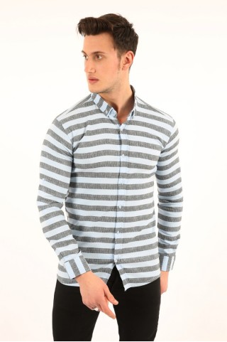 Çizgili Full Likralı Mavi Gömlek