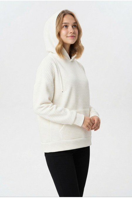 Kadın Kapüşonlu Kanguru Cepli Düşük Omuzlu Kare Desenli Kabartma Dokulu Sweatshirt