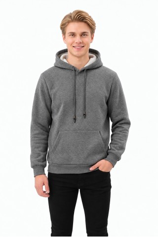 Üç İplik Şardonlu Kapşonlu Düz Erkek Günlük Sweatshirt
