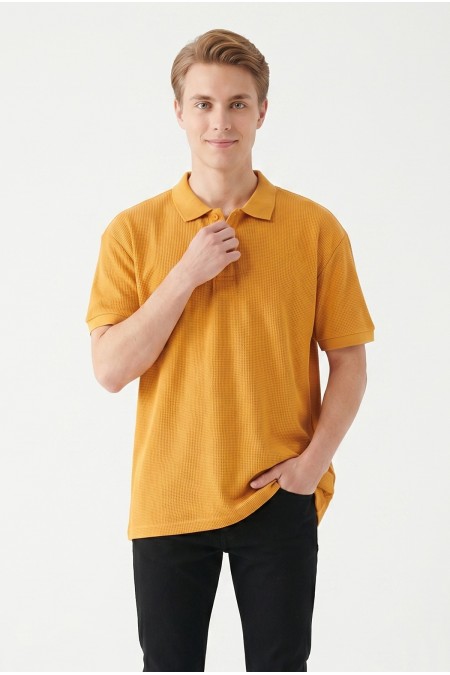 Erkek Kendinden Desenli Polo Yaka Kısa Kollu Slim Fit Dokulu Örme Tişört