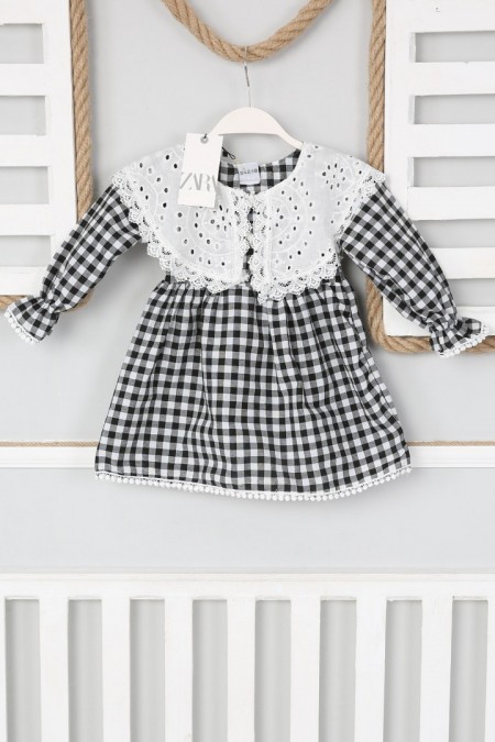 2-8 Yaş Bebe Yaka Pitikareli Siyah Elbise