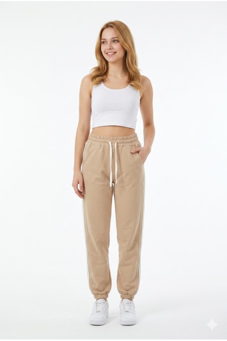 Bayan İki İplik Üç Çizgili Rahat Kesim Lastik Paçalı Cepli Günlük Spor Giyim Alt Eşofman