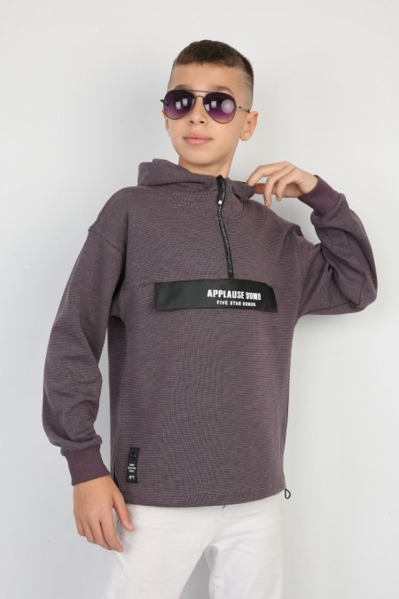 Yarım Fermuarlı Kapşonlu Baskılı Bordo Sweat