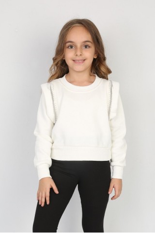 Üç İplik Şardonlu Omuz Detaylı Kız Çocuk Günlük Crop Sweatshirt