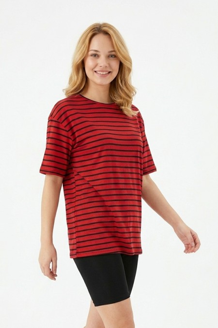 Kadın Yatay Çizgili Bisiklet Yaka Slim Fit Pamuklu Kısa Kollu Yazlık Tişört