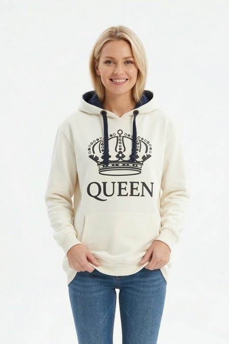 Kadın Beyaz Queen Yazılı Taç Baskılı Kapüşonlu Kanguru Cepli Sweatshirt