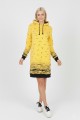 Kadın Sarı Martı Desenli Kapüşonlu Cepli Uzun Kollu Jakarlı İnterlok Penye Sweatshirt Elbise