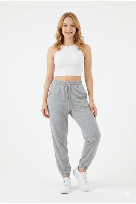 Bayan İki İplik Üç Çizgili Rahat Kesim Lastik Paçalı Cepli Günlük Spor Giyim Alt Eşofman