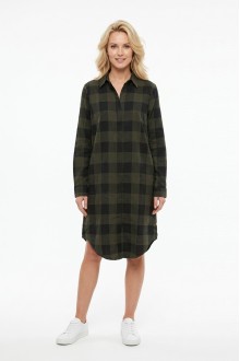 Kadın Haki Siyah Ekose Desenli Düğmeli Uzun Kollu Pamuklu Gömlek Tunik Elbise