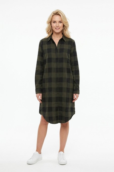 Kadın Haki Siyah Ekose Desenli Düğmeli Uzun Kollu Pamuklu Gömlek Tunik Elbise