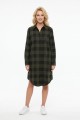 Kadın Haki Siyah Ekose Desenli Düğmeli Uzun Kollu Pamuklu Gömlek Tunik Elbise