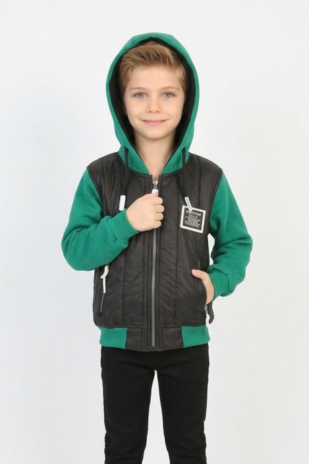  Erkek Çocuk Üç İplik Armalı Kapüşonlu Fermuarlı İçi Termal Kolları Polar Günlük Sweatshirt