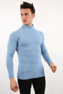 Likralı Boğazlı Mavi Sweat