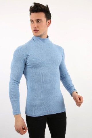 Likralı Boğazlı Mavi Sweat