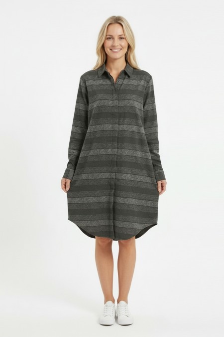 Kadın Haki Yatay Çizgili Boydan Düğmeli Uzun Kollu Gömlek Tunik Elbise