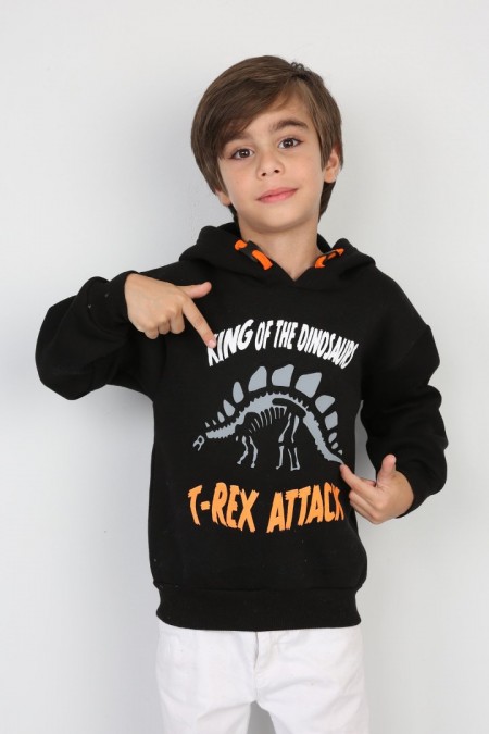 Üç İplik Şardonlu Baskılı Kapşonlu Siyah Sweat